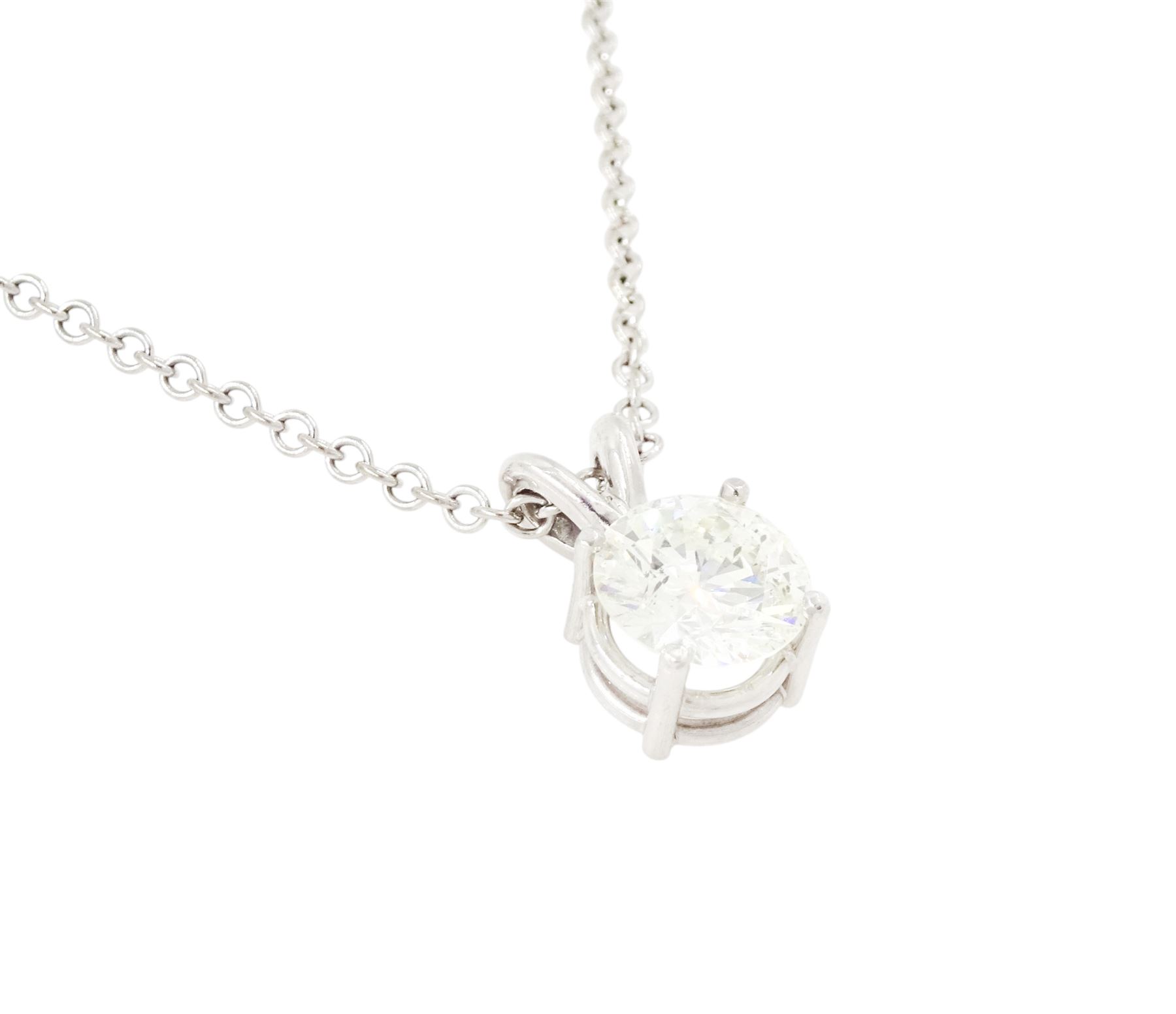 18ct white gold diamond pendant necklace, set with a single round brilliant cut diamond of approx 1.35 carat, on a fine belcher link chain necklace