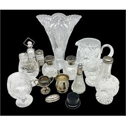 Silver cup, together with silver topped scent bottles and a sliver case, all hallmarked, together with other glassware