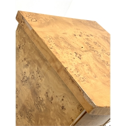 Pair Art Deco style figured maple bow front bedside cabinets, two drawers fitted with polished metal handles, W50cm, H54cm, D49cm