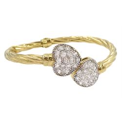 9ct gold cubic zirconia heart hinged bangle, stamped