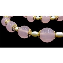  Rose quartz bead and pearl necklace, mathcing bracelet and stud earrings  