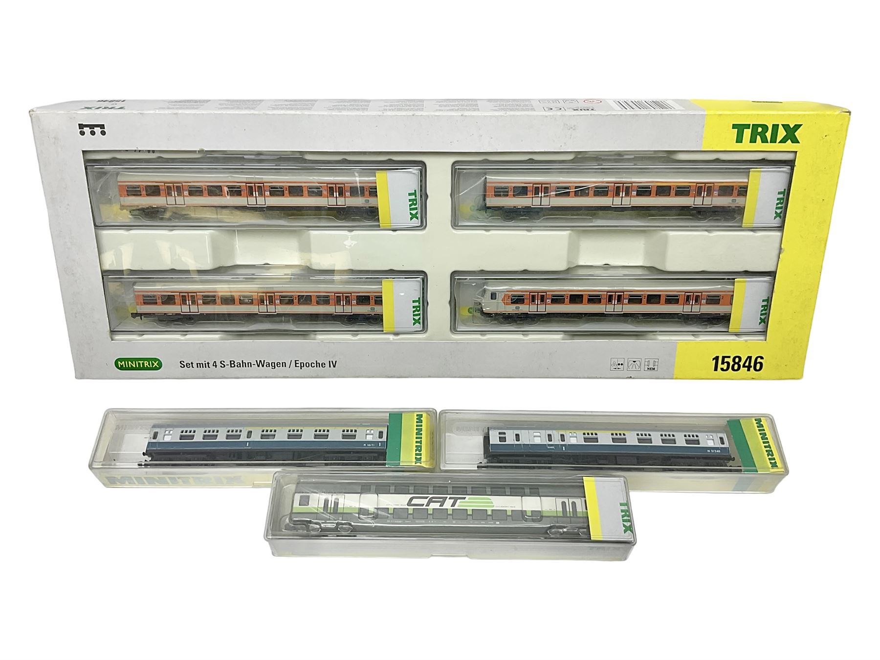 Trix Minitrix 'N' gauge - No.15846 Set mit 4 S-Bahn-Wagen/Epoch IV; boxed; and three other passenger coaches Nos.13003, 13006 & 15920; all boxed (4)