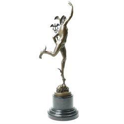 After Giambologna (Flemish 1529-1608): Bronze figure of Mercury holding a caduceus, on black marble base H43cm