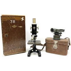 Black finished monocular microscope by Prior London No. 17372,  with pitchfork base and rack and pinion focusing, in original fitted wooden case with additional lenses, H32cm, together with Watts dumpy level, no. 116249, in a leather case