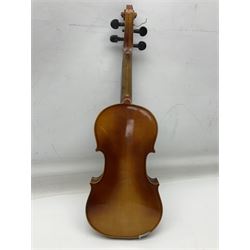 Czechoslovakian violin c1920 with 36cm two-piece maple back and ribs and spruce top, bears label 'Copy of Antonius Stradivarius Made in Czechoslovakia' L59cm; in carrying case; 1950s Czechoslovakian violin; and 195os Czechoslovakian three-quarter size violin; both cased (3)