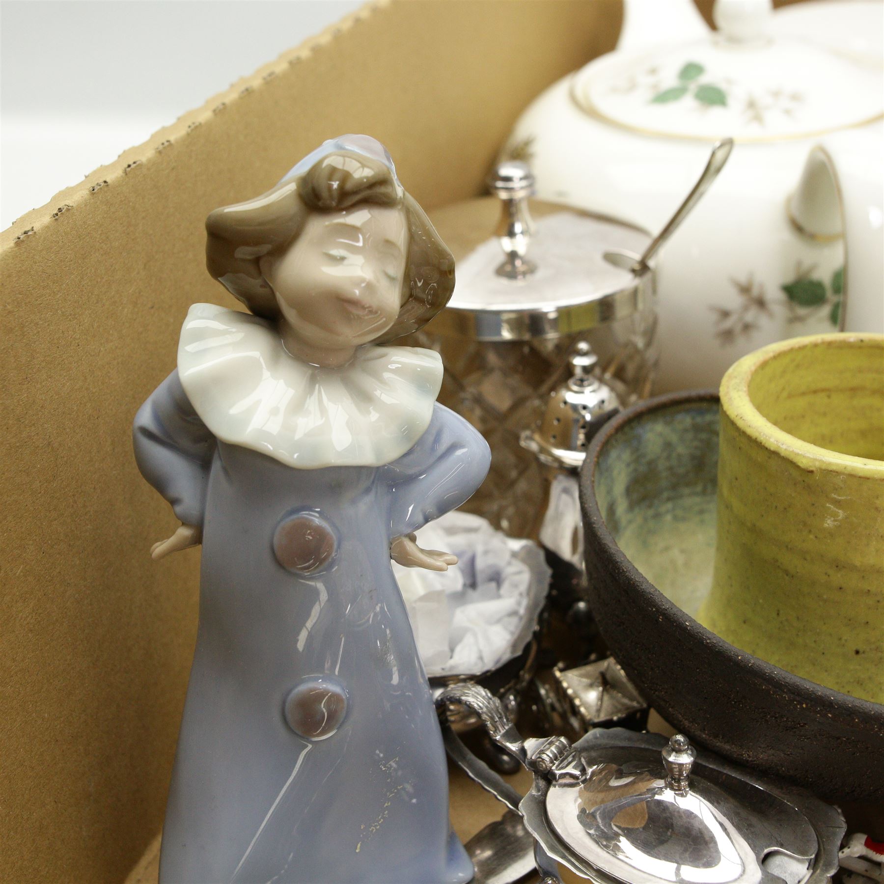 Wedgwood Sandon tea set for six, Spode Italian dish, Lladro goose, Nao figure, silver-plated items etc in one box