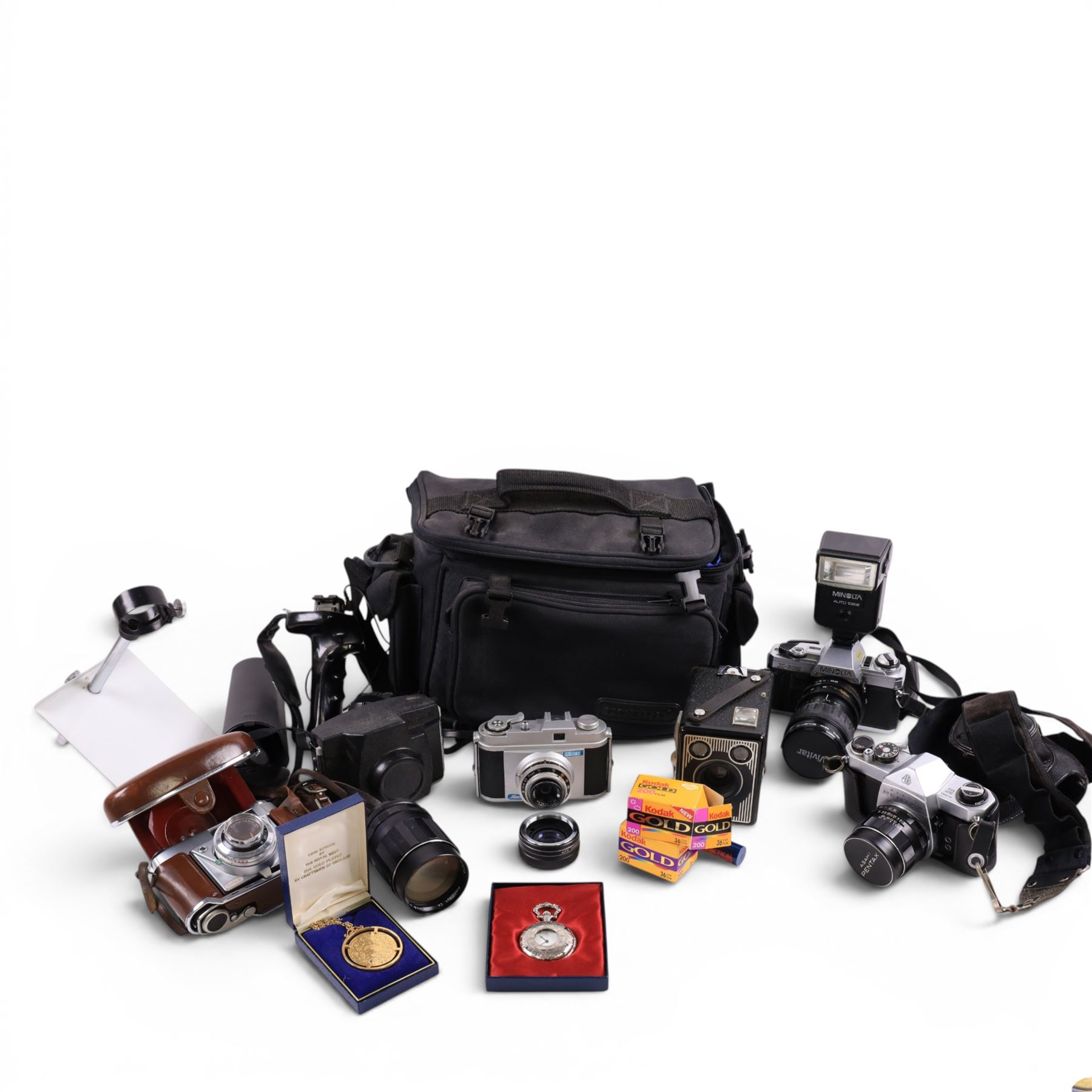 Collection of cameras, including Minolta X300 with a Vivitar 28-80mm lens, Asahi Pentax SP500, Kodak Retinette etc, together with a pocket watch and gold plated coin pendant