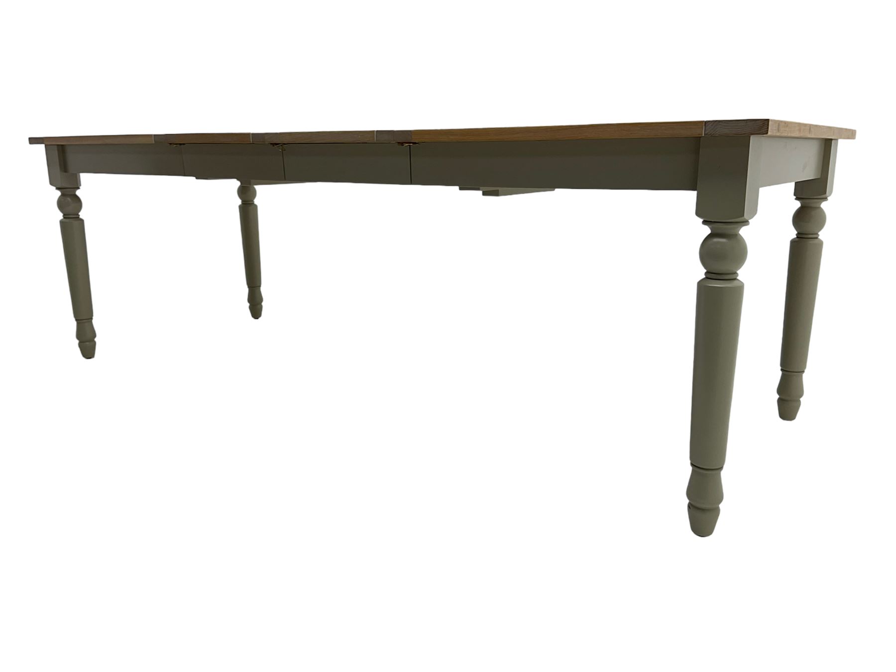 Neptune Furniture - 'Suffolk' oak dining table, pull-out extending top with two additional leaves, on turned supports, in grey paint and wax finish 