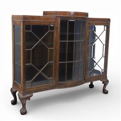  20th century large mahogany breakfront bookcase, with astragal glazed doors revealing an adjustable glass shelved interior, raised on ball and claw feet 