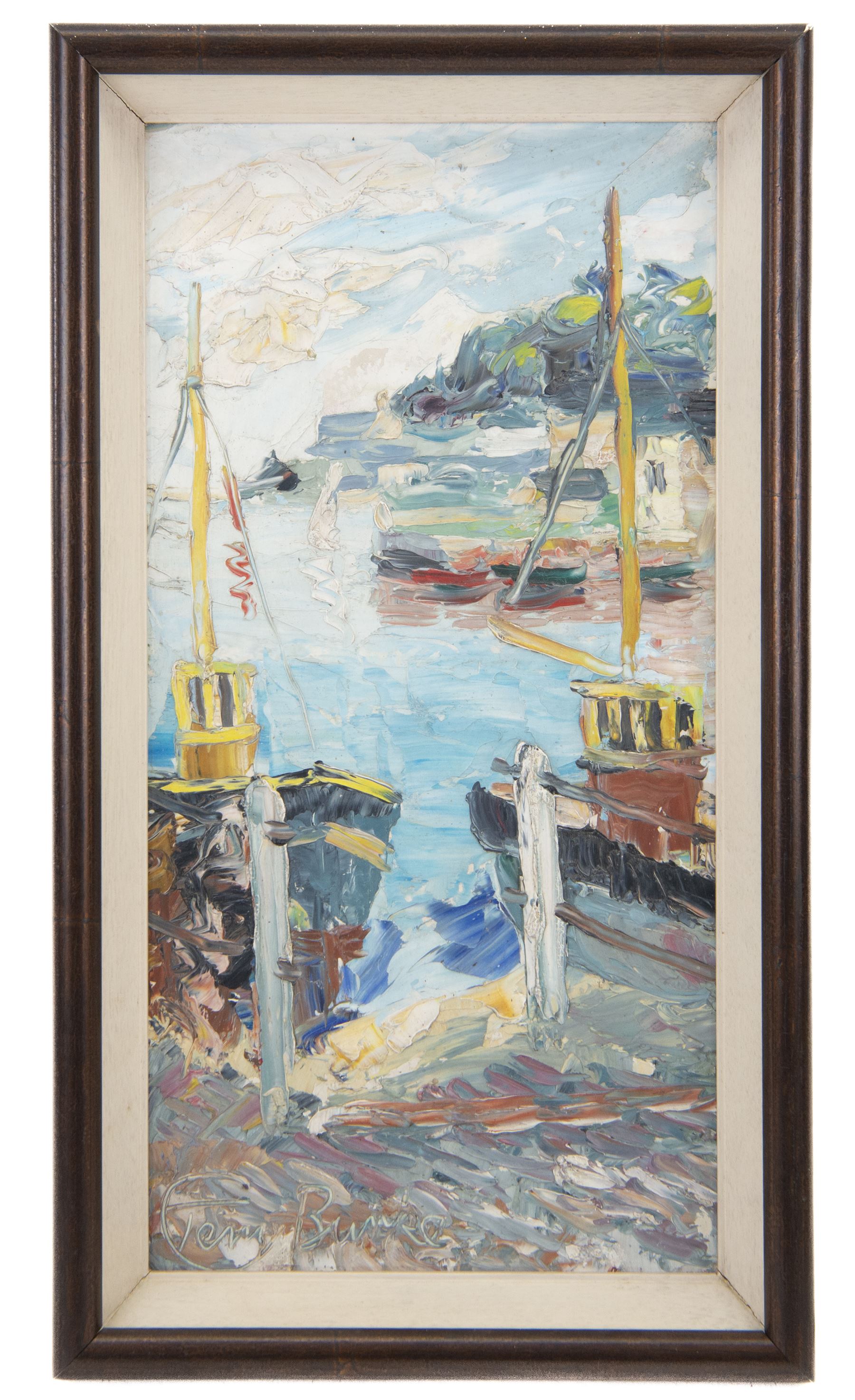 Terry Burke (British Contemporary): Boats in the Harbour, oil impasto on board signed 38cm x 19cm