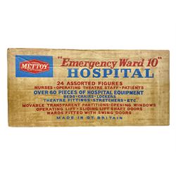 Late 1950s/early 1960s Mettoy tin-plate Emergency Ward 10 hospital set from the TV series, including over twenty figures, over sixty pieces of hospital equipment, beds, chairs, lockers, theatre fittings, stretchers etc; building is complete with movable transparent partitions, operating lift with sliding lift shaft doors and opening windows; wards with fitted swing doors; tin-plate walls with lithographed detail in yellow with red and white tiled effect, cobbled base with ambulance casualties area and lift access; boxed with instructions