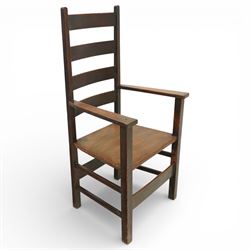 Arts and Crafts oak ladder back armchair in the manner of M H Baillie Scott, the high back with shaped slats and plain uprights, over a solid seat and square arm supports, joined by plain stretchers