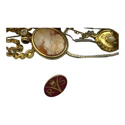 9ct gold Cameo brooch, hallmarked, Pandora necklace, silver necklaces and costume jewellery 