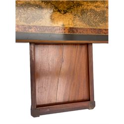 Late Victorian figured walnut and amboyna card-table, rectangular fold over top with baize lining, on turned supports joined by x framed balustrade stretchers