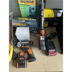 Bosch battery strimmer with four batteries and two chargers, Worx battery drill and pressure washer, (single battery), corded jigsaw and sander, screw and nail assortment station and other  - THIS LOT IS TO BE COLLECTED BY APPOINTMENT FROM DUGGLEBY STORAGE, GREAT HILL, EASTFIELD, SCARBOROUGH, YO11 3TX