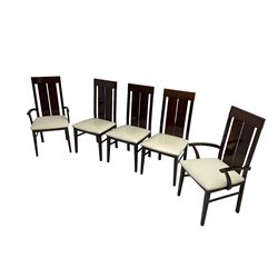 Large American walnut rectangular dining table on square block supports, together with set eight high back dining chairs with cream upholstered seats, the top and chair backs with matching inlaid geometric banding