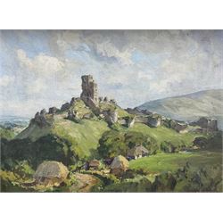 Howard Barron (British 1900-1991): 'Corfe Castle Dorset', oil on artist's board signed, dated May /54 with original titled and Medici Society labels verso 30cm x 40cm