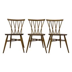 Lucian Ercolani for Ercol - set of six 'Shalstone dining chairs, curved top rail and spindle back with criss-cross design, solid seat raised on tapering supports, united by matching criss-cross stretchers