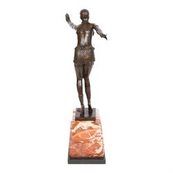 After Demétre Haralamb Chiparus (Romanian 1886-1947): Art Deco style bronze figure modelled as a dancer with outstretched arms, signed to the stepped bronze base and also bearing foundry stamp, upon a tapering marble plinth, overall H49cm
