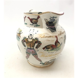  A Victorian Elsmore & Forster pearlware jug, transfer decorated with Grimaldi the clown and assorted animals, detailed 'Thamas Moore Westbromwich 1869', printed mark beneath, (a/f), H23cm.   