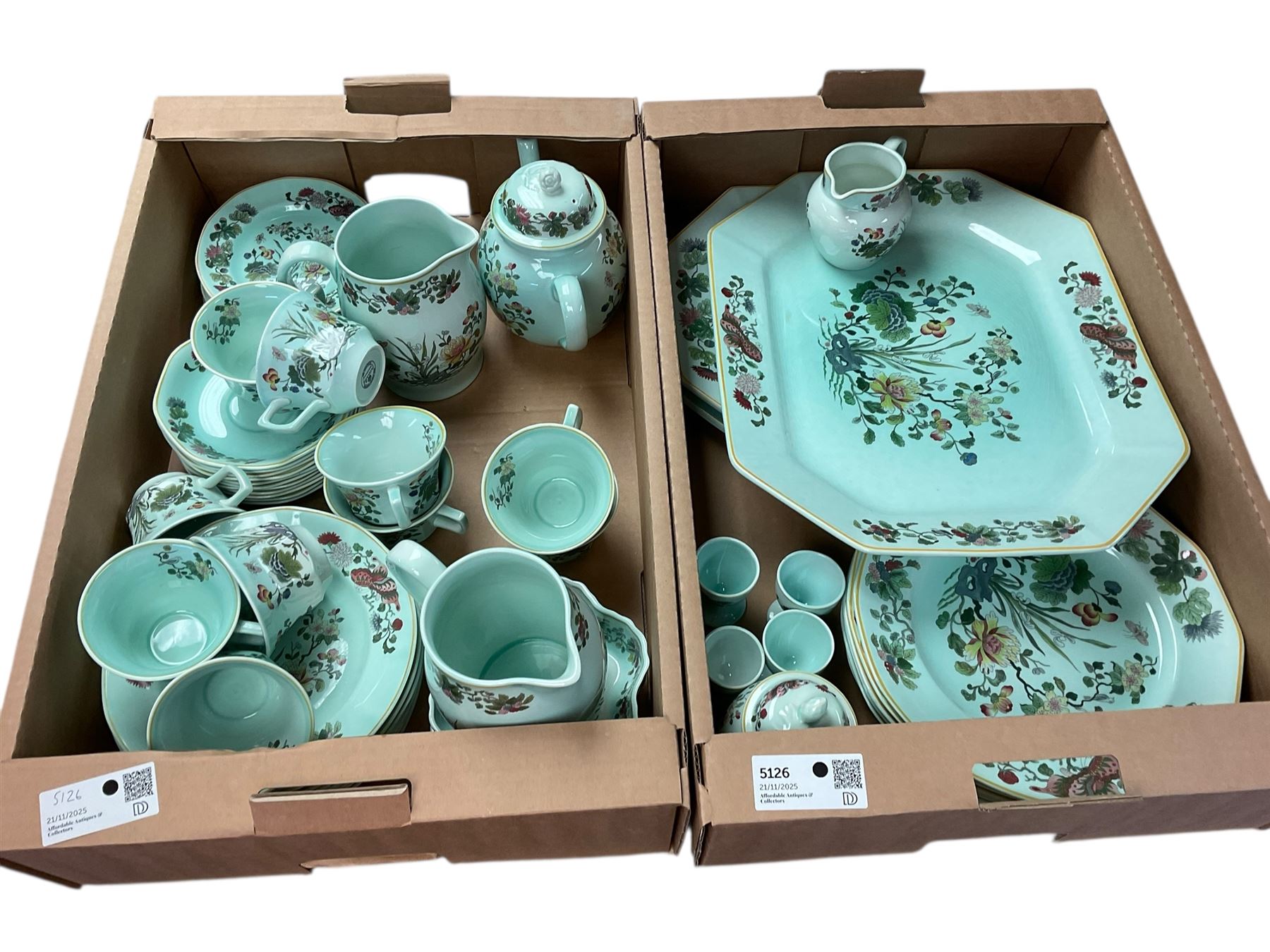 Adams part dinner service, decorated with flowers on a green ground, including six dinner plates, milk jug, tea pot, serving plates etc, in two boxes   