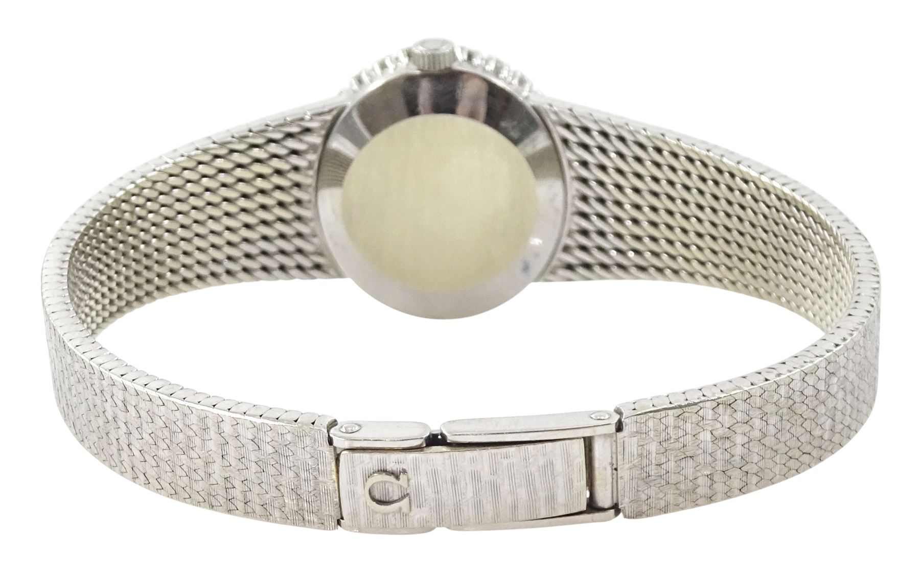 Omega ladies 18ct white gold, manual wind wristwatch, Cal. 620, lapis lazuli dial with round brilliant cut diamond bezel, on integral 18ct white gold bracelet, London import mark 1970