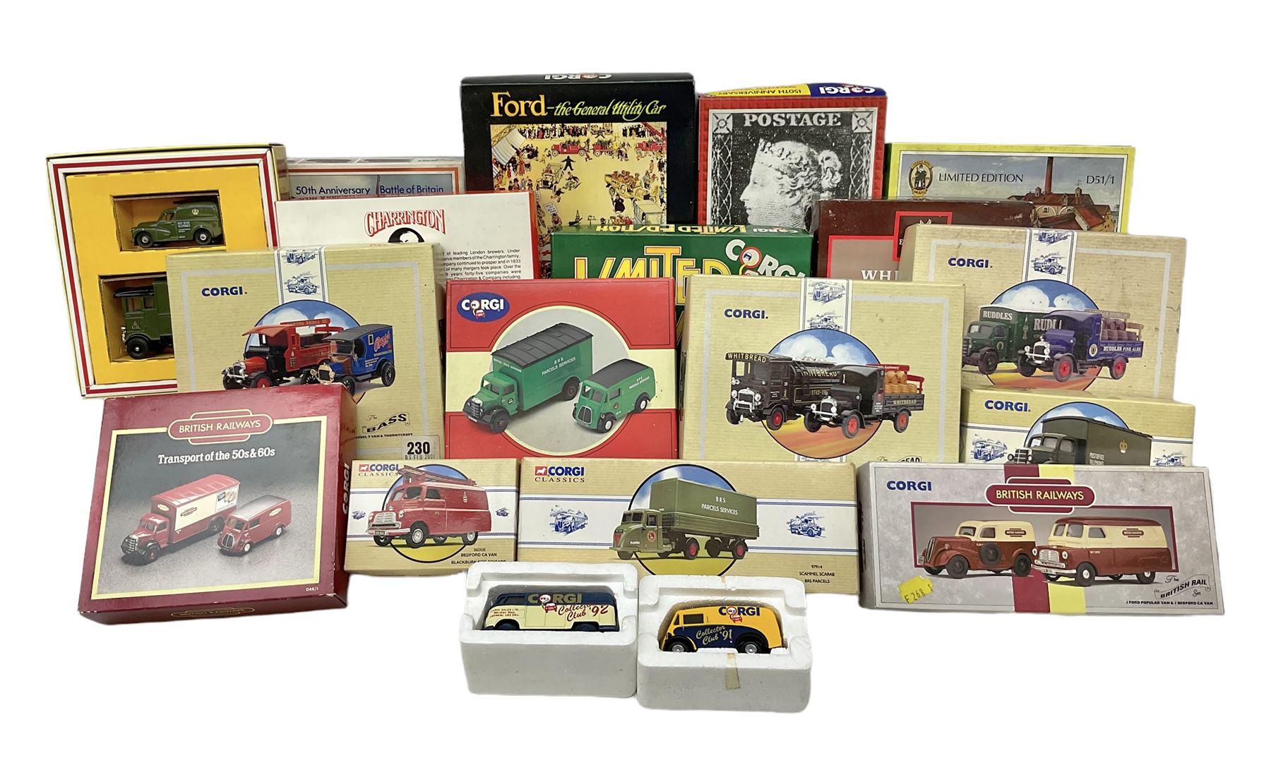 Nineteen boxed Corgi die-cast models sets, to include 50th Anniversary Battle of Britain, The Ruddles, The Bass, Ford- the general utility car, 150th Anniversary Penny Post, White Bread, Charrington etc