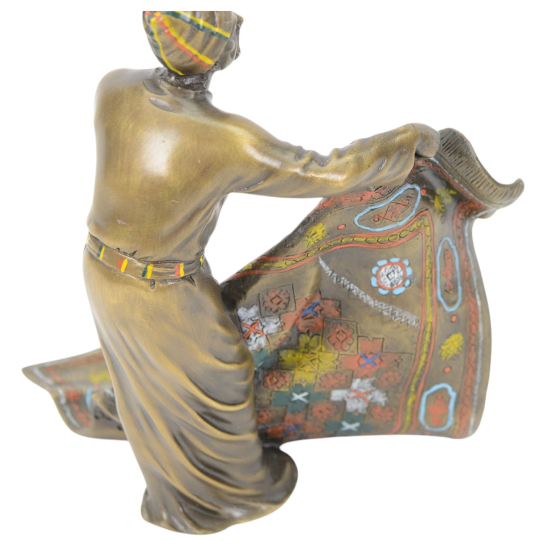 After Franz Bergmann bronzed sculpture of a carpet seller, with colourful painted highlights throughout, H19cm