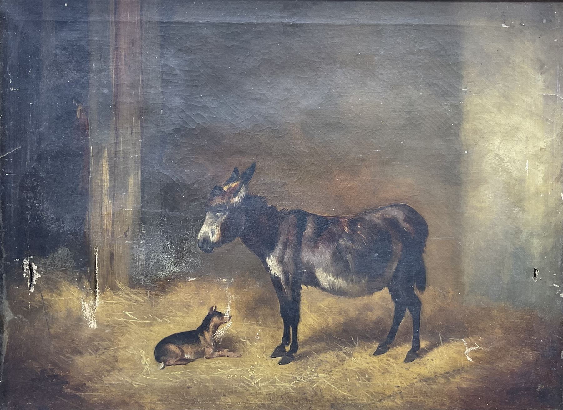 English School (19th Century): Donkey and Dog in a Stable, oil on canvas signed 'J Wheeler' 36cm x 49cm 
