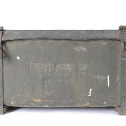WWII portable trunk with canvas and wooden top and sides, fitted wicker interior with ammunition holders to the lid and makers tag Finch & Sons Ltd, Gloucester, painted to cover 'CAPT J.S.JEWITT 18 NORTH LODGE DARLINGTON ENGLAND', H32CM, L76cm