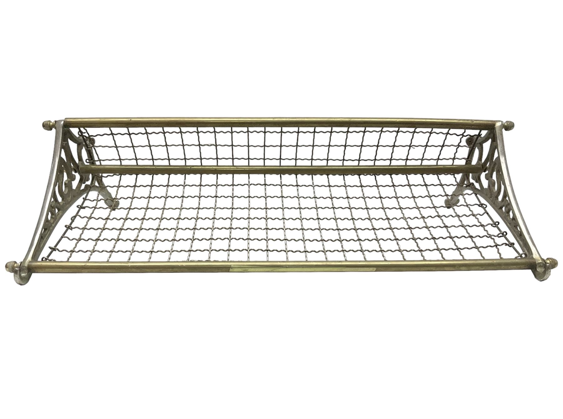 Railway interest - carriage compartment style wall mounting brass and mesh luggage rack, the ends cast with the initials NSWR (New South Wales Railroad) L77cm