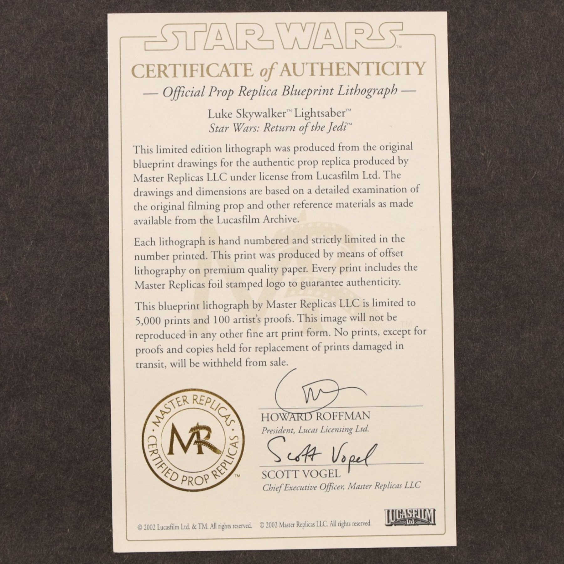 Master Replicas Star Wars Luke Skywalker's Lightsaber no. SW-102,  1:1 scale, in box with outer cardboard sleeve, with certificate, separate acrylic display case and plaque, limited edition no. 2045/2500