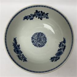 Late 18th century Chinese Export blue and white bowl painted landscape and pagoda scene, D19cm