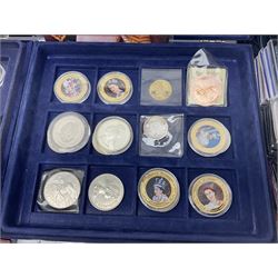 Mostly commemorative coins, including crowns, Queen Elizabeth II 2009 countdown to London 2012 five pound coin on card, 'The 2012 Diamond Jubilee' coin set in card folder, Cook Islands 2013 one dollar commemorating 'Coronation sixty years 1953 2013' etc