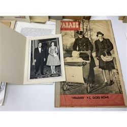 WW2 submarine interest - archive of ephemera and photographs relating to submariner Petty Officer (later Lieutenant) Thomas William Gould V.C. of HMSub Thrasher; predominantly post-war with later copies of contemporary photographs and documents including Certificate of Service in slip-case, War Patrol Reports, First Day Covers, press cuttings, 'For Valour' film script, business cards etc.
Auctioneer's Note: An extract from Gould's VC award citation reads 