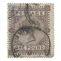 Great Britain Queen Victoria 1867-83 one pound brown-lilac stamp, plate one, used, previously mounted