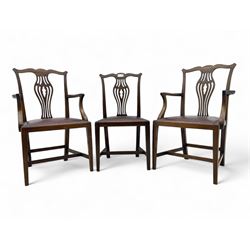 Set of six (4+2) 19th century Chippendale-design mahogany dining chairs, shaped cresting rail over pierced bulbous vase-shaped splat, burgundy leather upholstered seats with brass stud trim, on square tapering supports united by H-stretchers