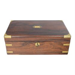 Two writing slopes, including brass bound mahogany example, together with a wooden box with brass handles to sides and cover, tallest H28cm