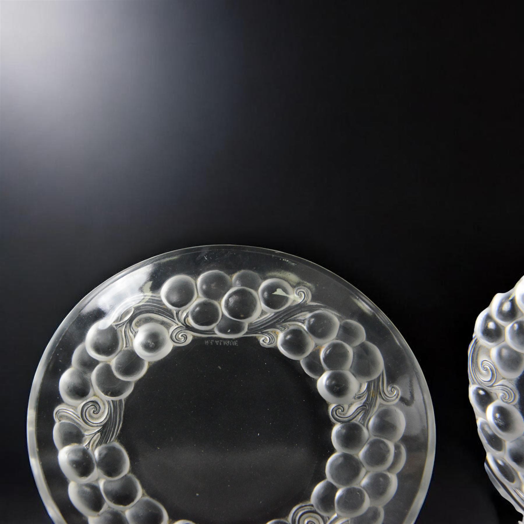Rene Lalique (French 1860-1945), pair of Marienthal pattern glass ice cream plates, model 3034, designed circa 1930, acid etched R Lalique France beneath, D18cm