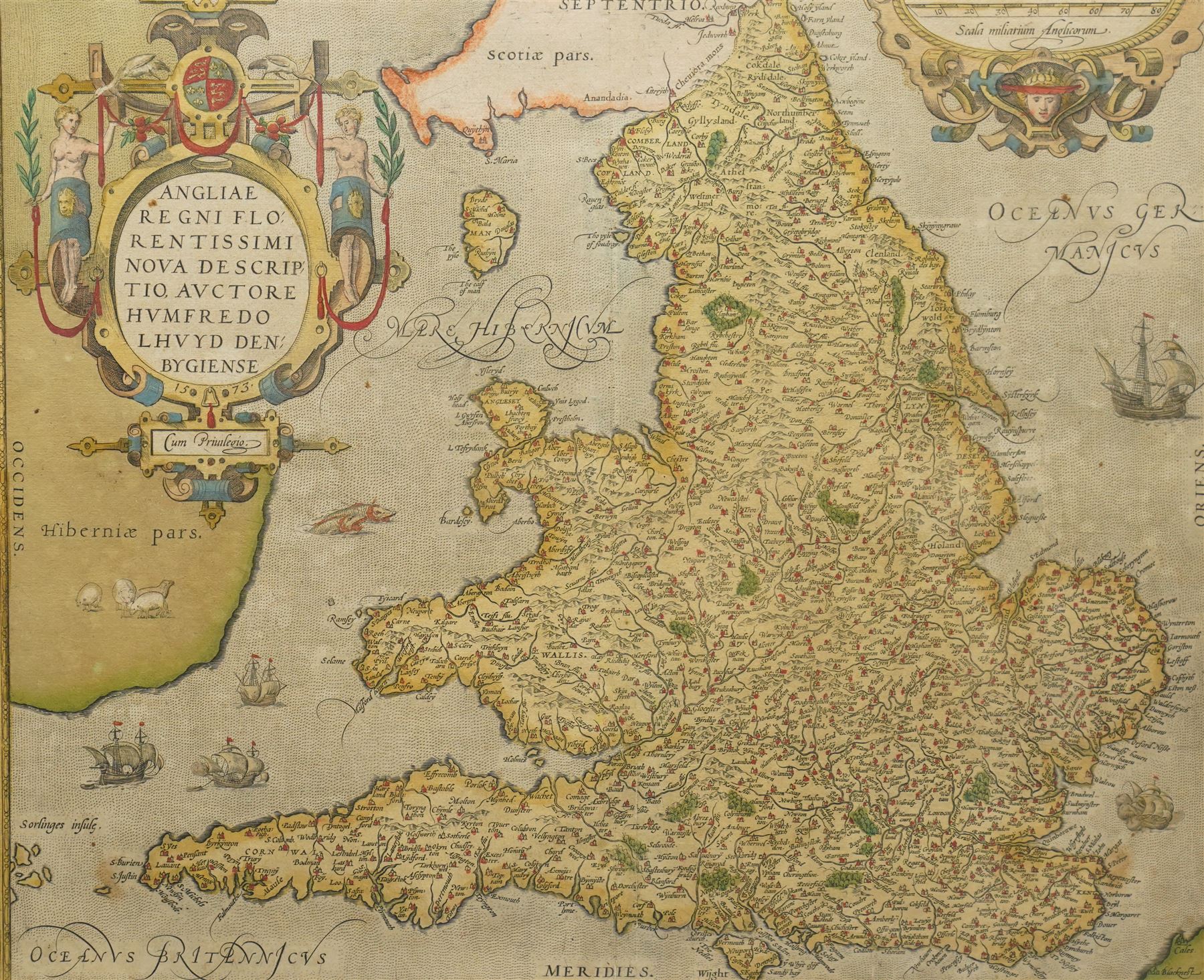 Abraham Ortelius (Belgian 1527-1598): 'Angliae Regni Florentissimi Nova Descriptio', 16th century engraved map of England and Wales with hand-colouring pub. 1573-1581, 38cm x 47cm