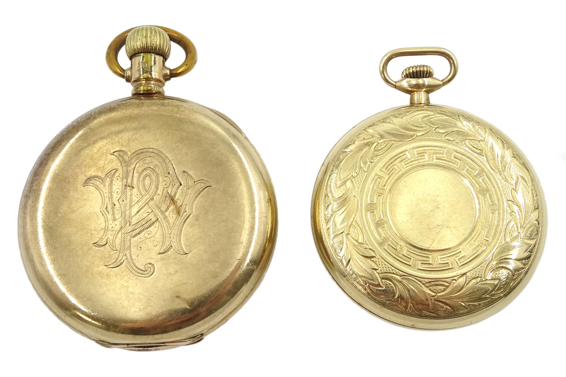 Elgin gold-plated full hunter lever pocket watch and an American Watch Co open face lever pocket watch, with leaf and key design back case