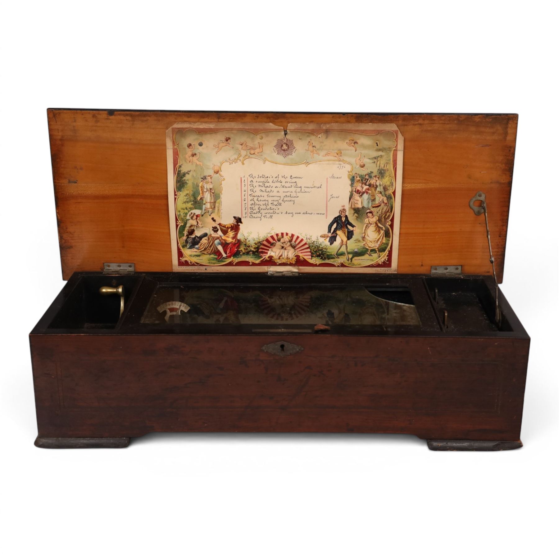 Swiss-Late 19th-century musical box playing ten airs, 62 tooth steel comb and brass cylinder, crank operated going barrel with a jewelled governor, with original tune sheet, W60cm
