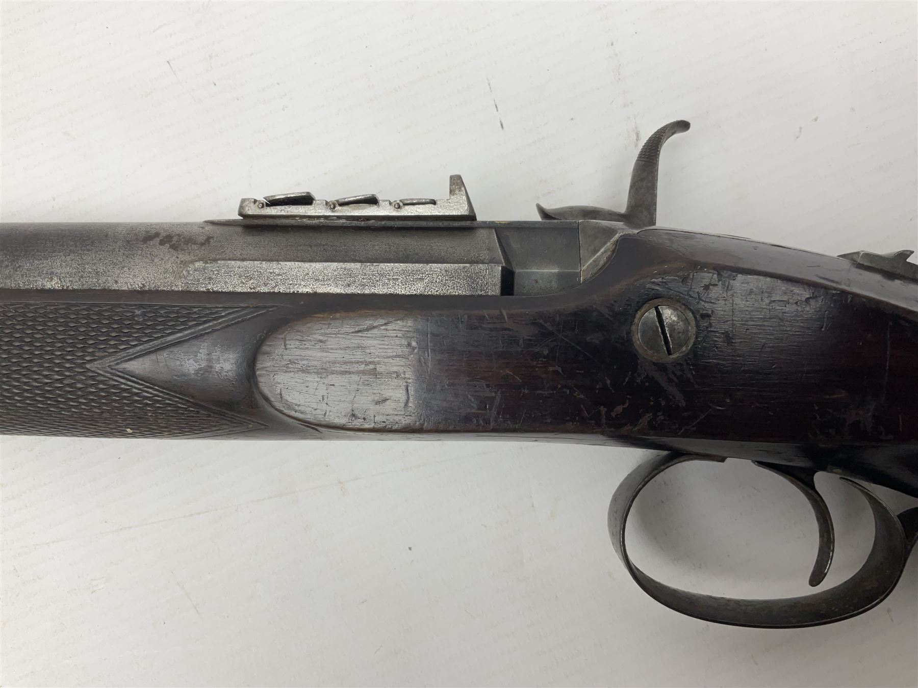 19th century George Gibbs of Bristol .461 cal. muzzle loading percussion match rifle with 28cm cut-down barrel and cut-down stock, Metford type rifling, fitted with additional three folding leaf rear sight to 400yds, back action sight still fitted to tang, maker's name to lock and top of barrel, serial no.439. L46.5cm overall