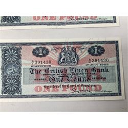 Four The British Linen Bank one pound notes, all 1st July 1963 A/4, '391430', '391431', '391432' and '391433'