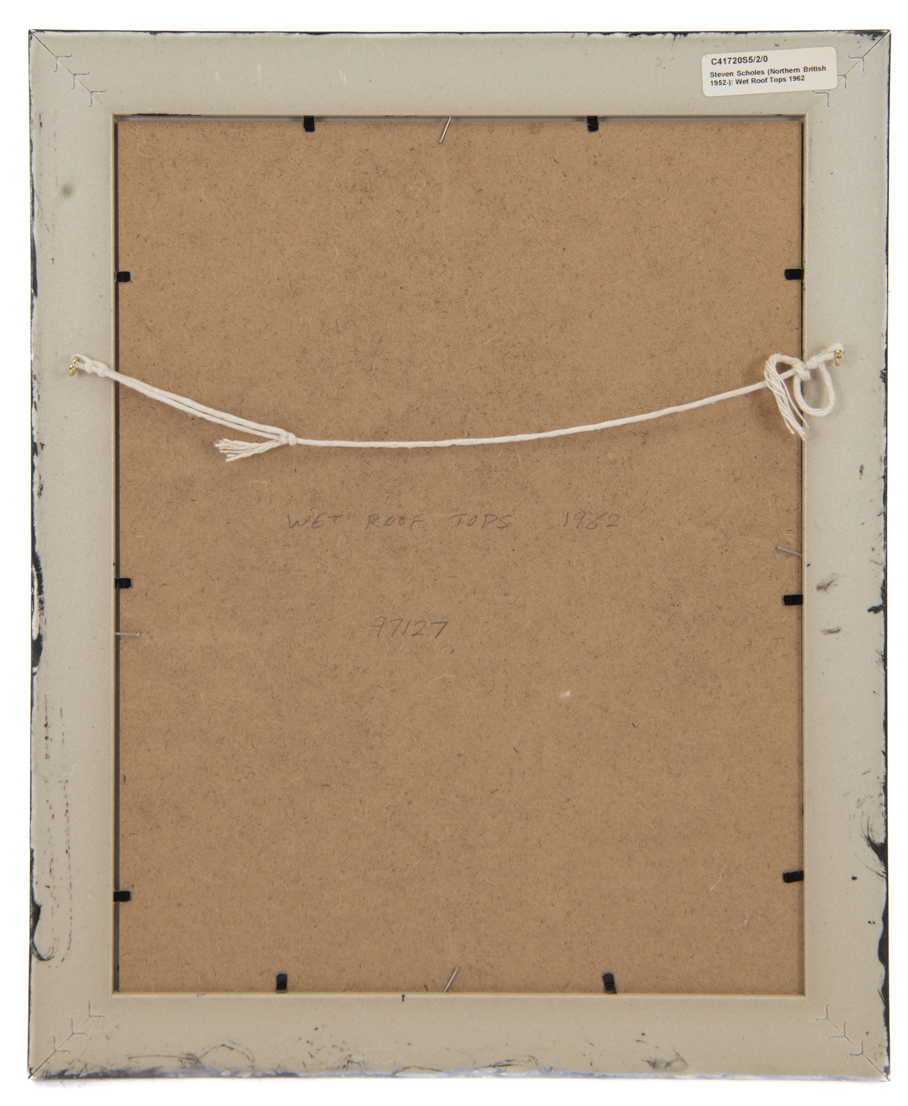 Steven Scholes (Northern British 1952-): 'Wet Roof Tops and Evans Fish & Chips Manchester', oil on board signed, titled verso 34cm x 27cm