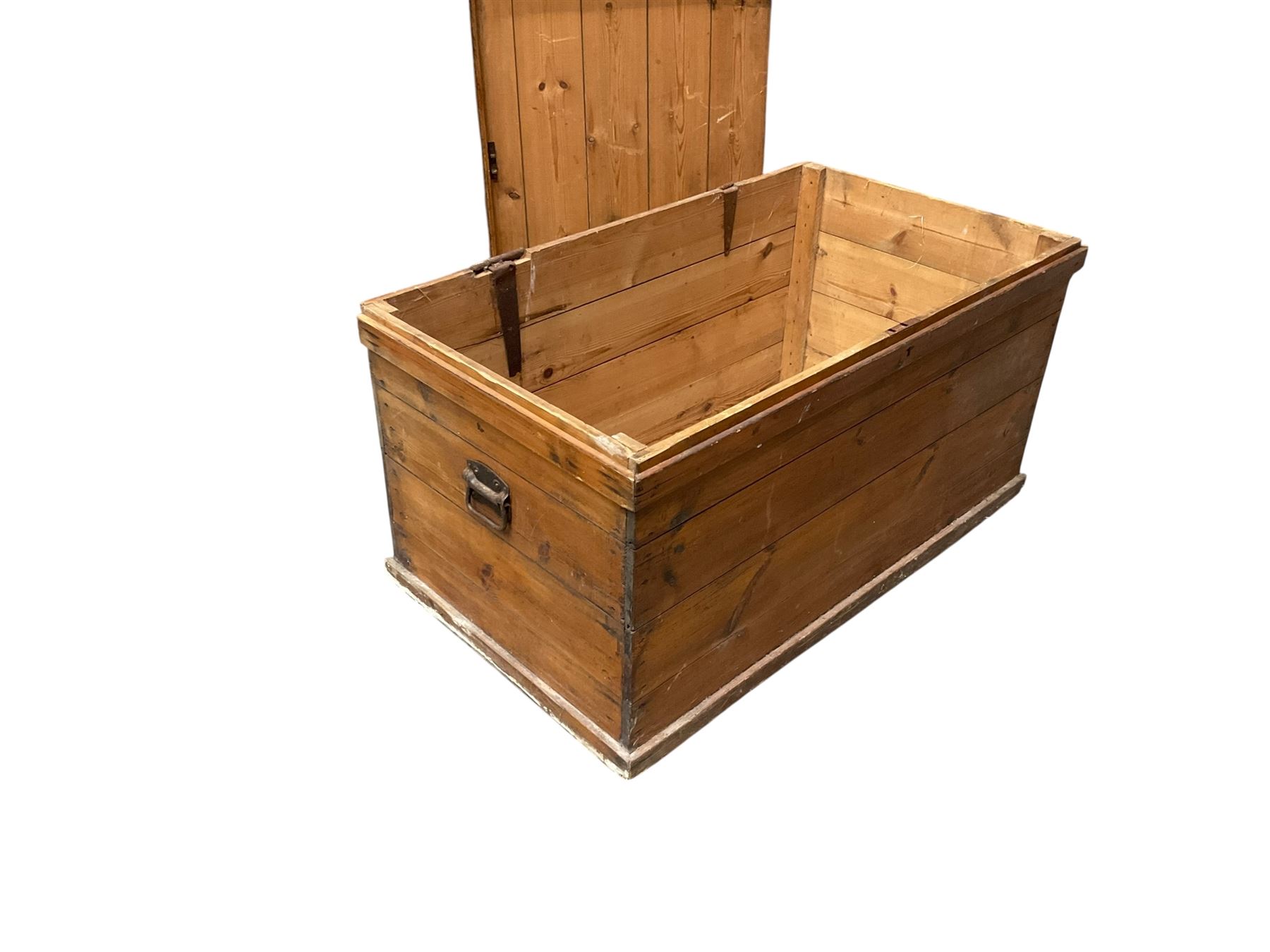 Victorian pine blanket box, hinged top, iron carrying handles