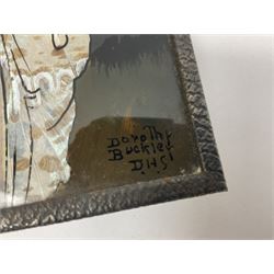 Seven 1930's butterfly wing pictures, mainly of ladies in period dress, one signed Dorothy Buckley, largest H18cm