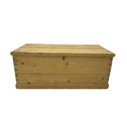 Victorian pine blanket box, hinged lid, with metal carrying handles