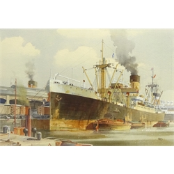  Colin Verity RSMA (British 1924-2011): Bank Line Steam Cargo Boat in Hull Docks, watercolour signed 31cm x 47cm  DDS - Artist's resale rights may apply to this lot  