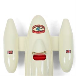 Sutcliffe Models tinplate clockwork 'Bluebird' speedboat, in red and cream livery with metallic gold details and applied decals, with key, boxed
